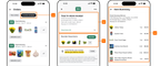 Shows an order history interface with in-store receipts, including purchase details, itemized receipts, and options to reorder items or invite friends for referral credits.
