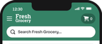 Shows a mobile web browser interface header for Fresh Grocery with a logo, menu icon, and search bar. The top right corner displays a shopping cart icon with zero items.