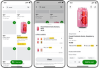Shows Poppi Prebiotic Soda Raspberry Rose search results with a deal highlight, an offers modal with 'Spend $25 save $10' and 'Buy 1, get 1 free,' and the product detail page at $5.00.