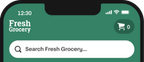 Shows a mobile app interface header for Fresh Grocery with a logo and search bar. The top right corner displays a shopping cart icon with zero items.