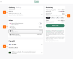 Shows a grocery delivery checkout page with numbered callouts for delivery address, delivery time options, payment method, and the order summary.