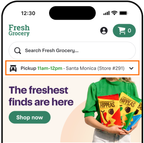 Shows a grocery app page with a pickup time of 11 am to 12 pm at Santa Monica, Store #291, located beneath a search bar and next to a cart icon.