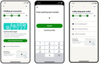 Shows three mobile app screens for curbside pickup coordination. The first screen prompts the customer to enter parking information, showing instructions about curbside spots and a map. The second screen shows a keypad for entering and submitting the parking spot number. The third screen confirms the parking spot, describes the customer's car, provides the option to talk to an associate, and shows the store location on a map.