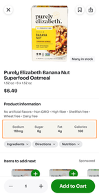 Shows a product details page with an orange box highlighting nutrition info: Sodium 110mg, Sugar 8g, Fat 4g, and Calories 160.