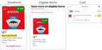 Shows a storefront featuring Community Coffee basket filters with a "Buy 2, get 25% off" offer. The cart shows 2 items with a discounted price of $3.44.