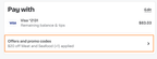 Shows a checkout page with the Offers and promo codes section displaying '$20 off Meat and Seafood (+1) applied'