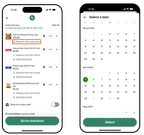 Shows two screens: a cart with the Ham & Cheese Party Tray item highlighting a 'Requires 24hr prep time' note, and a Select a date calendar with April 5, 2026 selected.