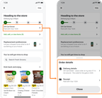 Shows a delivery progress page with 'Heading to the store' and order details. One screen highlights delivery information and payment via Visa *1234, while the other shows a pop-up with detailed delivery instructions and receipt details.