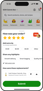 Shows a review screen for an online order with options to rate using stars, add extra tips, share highlights (for example, Smooth delivery), and rate replacements.