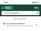 Shows the order status banner with a scheduled delivery order in the Your order is confirmed status.