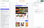 Shows a content page editor in Instacart Platform Portal with the device toggle set to mobile. The canvas shows a featured product carousel with a video cover image and product cards below it. The left panel lists the page sections, and the right panel shows the Content tab for the selected Product Carousel Featured component.