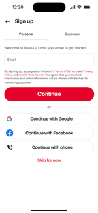 Shows a sign-up page with options for Personal or Business, an email input field, a Continue button, alternate sign-in options, and a Skip for now link.