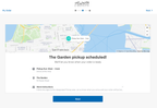 Shows the pickup confirmation page with a pickup scheduled for Sunday between 10am and 11am at The Garden.
