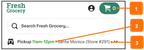 Shows the storefront header on mobile web with the Pickup shopping context selected. Callout number 1 points to the cart button that includes a shopping cart icon. Callout number 2 points to the earliest available time slot for pickup. Callout number 3 points to the store address and store name.