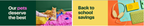 Shows a split primary banner carousel. The first banner shows an image of a cat with the text 'Our pets deserve the best'. The second banner shows an image of various electronics with the text 'Back to school savings'.