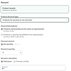 Shows a configuration page for product discounts. The selected discount type is Products for set price or set unit price. The other selected options include Products and quantity are the same as requirements, a discount quantity of 5, and a total price of $5.