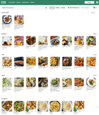 Shows a recipes page with sections for saved recipes, breakfast recipes, main recipes, salad recipes, and categories of recipes.