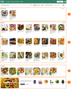 Shows a recipes page with sections for saved recipes, breakfast recipes, main recipes, salad recipes, and categories of recipes.