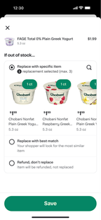 Shows a potentially out of stock item with up to three replacement options.