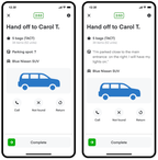 Shows two mobile app screens for handing off items to a customer. The first screen lists a parking spot number, while the second includes a note about the customer's location. Both show a car with the same make and color and both have buttons for call, not found, return, and complete.