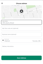 Shows an address entry form with a map at the top marking the location, "Street address" pre-filled with "190 Liberty Street", optional fields: "Apt, floor, suite, etc" and "Business name", "Postal code" set to "M6K3L5, Toronto, ON", a "Delivery instructions" text field, and a green Save Address button.