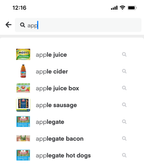 Shows an example of autosuggest when a customer enters the letters “app” in the search bar.