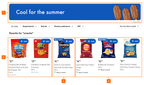 Shows the search results page. A banner appears at the top. Two products appear after the banner with the Sponsored label in the item tile. Then, a product with the Buy it again label. Then, three products appear without any labels.