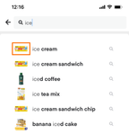 Shows the search bar with suggestions for the term ice. Thumbnails appear next to each suggested search term.
