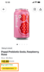 Shows a product page for raspberry rose flavored soda with pricing, a promotion labeled Buy 1 get 3 free, and a button to view eligible items.
