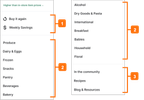 Shows the desktop sidebar menu with three sections labeled with orange callouts. Section 1 includes Buy it again and Weekly Savings. Section 2 lists departments like Produce and Beverages. Section 3 contains links like In the community and Recipes.