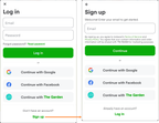 Shows a log-in form and a sign-up form with the following tiles: Continue with Facebook and Continue with Google.