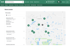 Shows a store locator page for Fresh Grocery with a searchable map of nearby locations, addresses, hours, and contact details for selected stores.