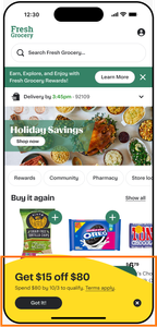 Shows the bottom of a mobile storefront with a yellow banner. The banner reads Get $15 off $80. Spend $80 by 10/3 to qualify. Terms apply. with a Got It! button.