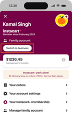Shows a user account page with Switch to business highlighted, savings of $1236.5 over the last 12 months, and menu options for orders, settings, membership, and family account management.