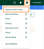 Shows a help menu where the System health status option is highlighted.