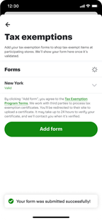 Shows a Tax exemptions page with a validated New York form listed, a description of how to add forms, an Add form button, and a success message confirming form submission.