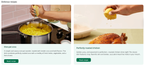Shows two recipe cards side by side. The left highlights one-pot orzo being garnished with fresh lemon juice. The right features roasted chicken with lemon juice drizzle. Each card features an image, text, and button.