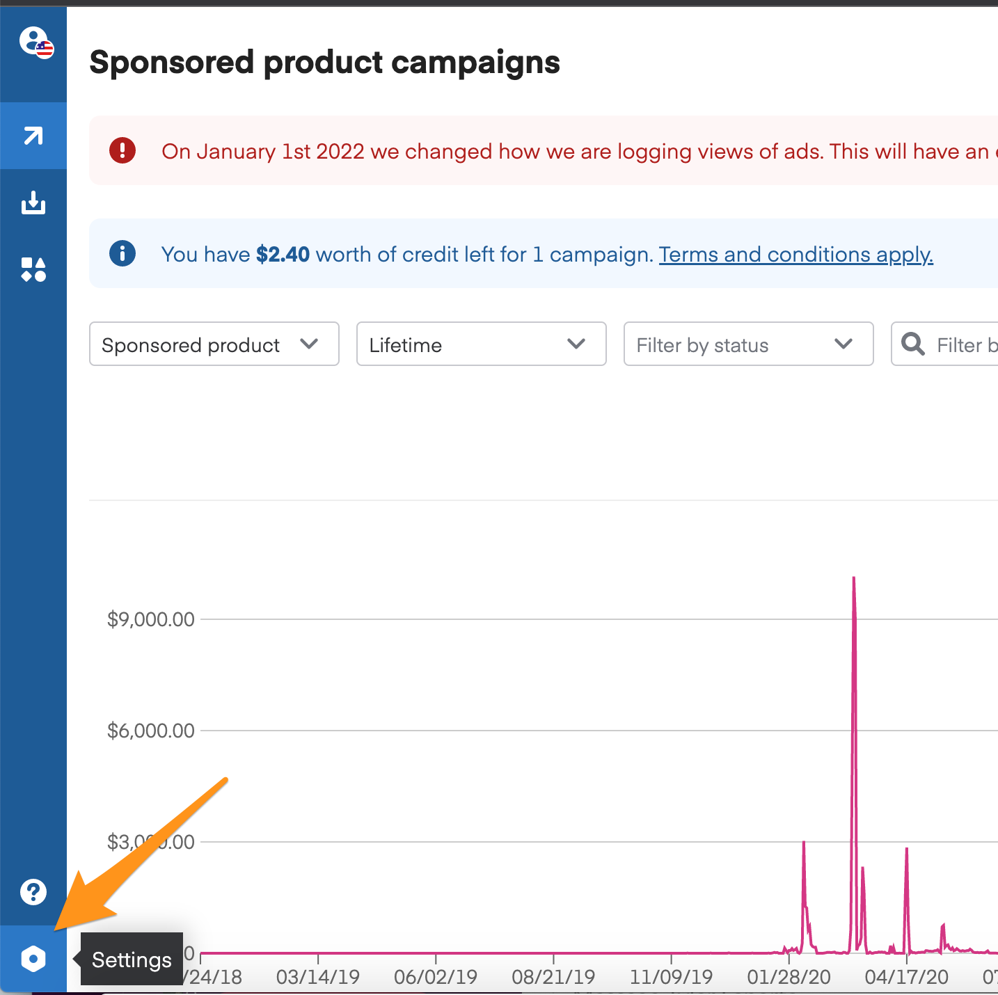 Sponsored product campaigns dashboard with Settings button highlighted in lower left
