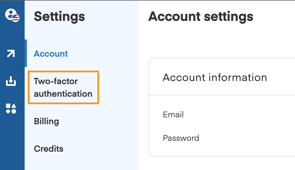 Settings menu showing Account, Two-factor authentication, Billing, and Credits options with Account information panel