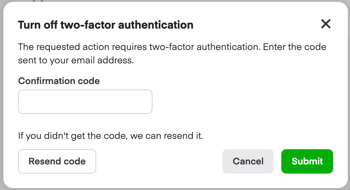 Turn off two-factor authentication dialog with Confirmation code field and Resend code option