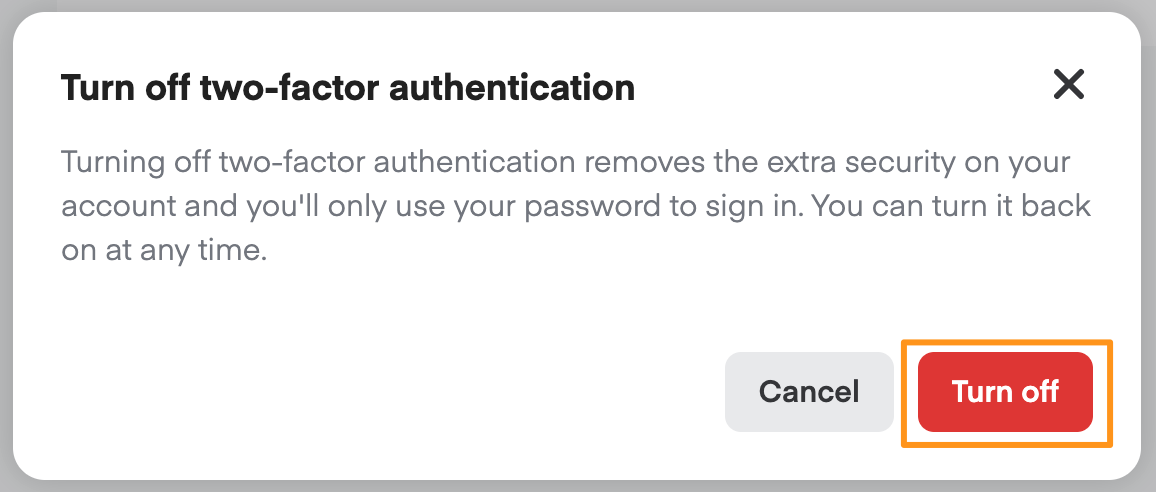 Turn off two-factor authentication confirmation dialog with Cancel and Turn off buttons