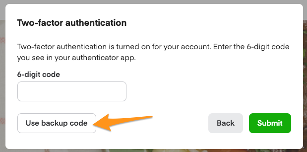 Two-factor authentication screen with 6-digit code field and "Use backup code" link