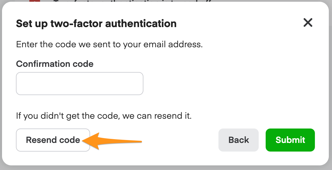 Set up two-factor authentication dialog with Confirmation code field and Resend code button highlighted