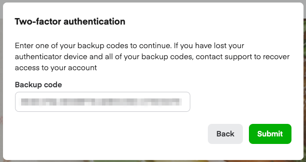 Two-factor authentication screen with Backup code field