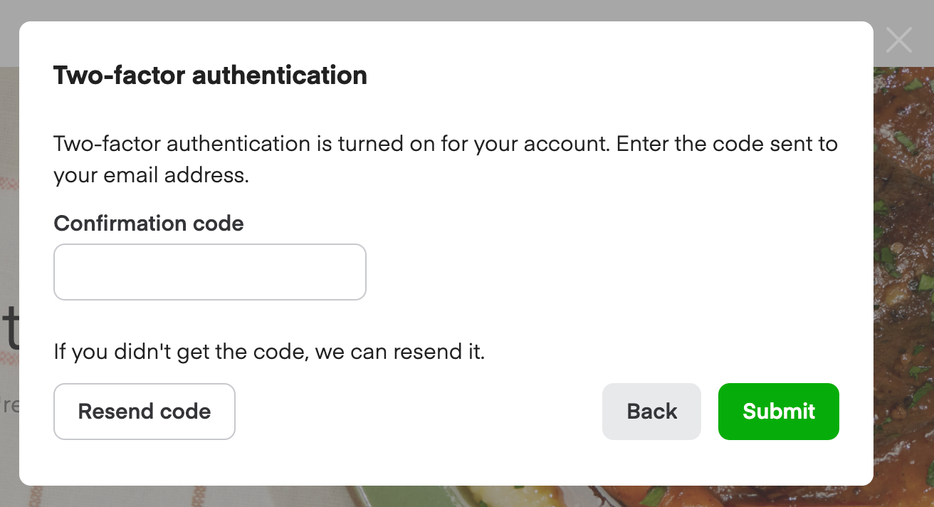 Two-factor authentication login screen with Confirmation code field and Resend code option