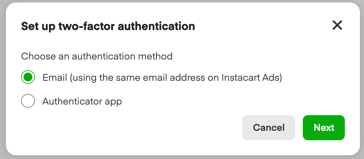 Set up two-factor authentication dialog with Email and Authenticator app options