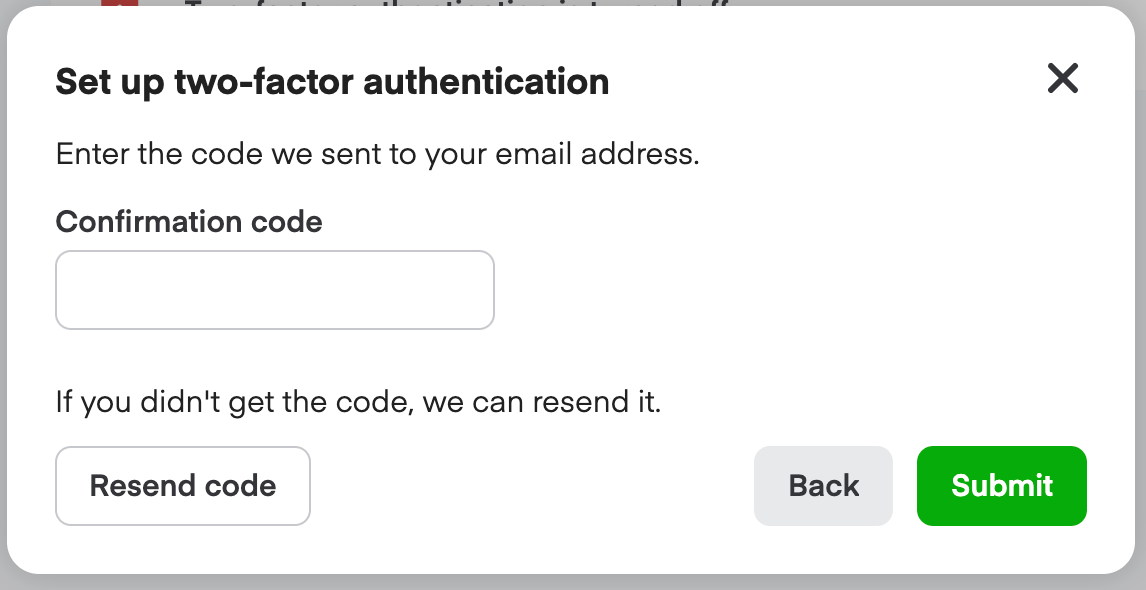 Set up two-factor authentication dialog with Confirmation code field and Resend code option