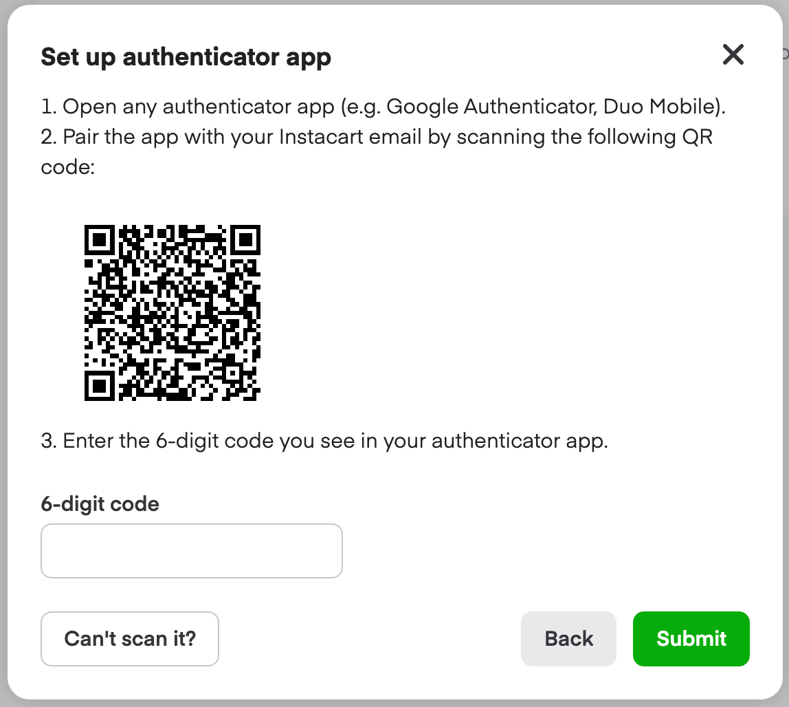 Set up authenticator app dialog with QR code and 6-digit code field