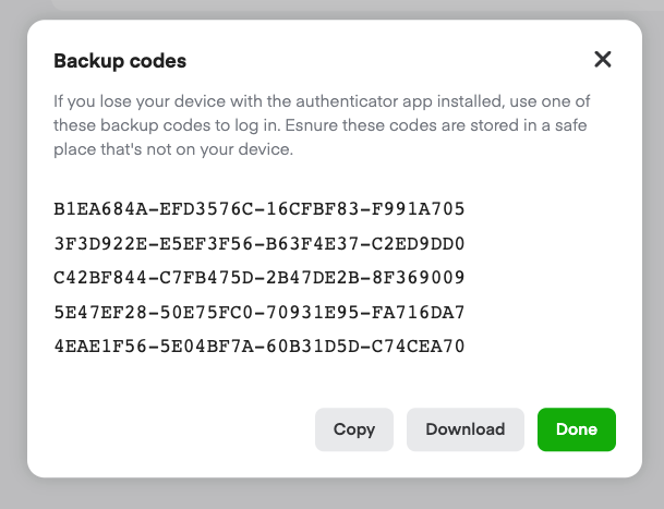 Backup codes dialog showing list of alphanumeric codes with Copy, Download, and Done buttons