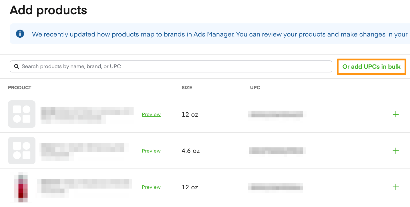 Add products interface with "Or add UPCs in bulk" button highlighted